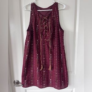 Sleeveless Print Dress with Tassels and Lace-Up Front